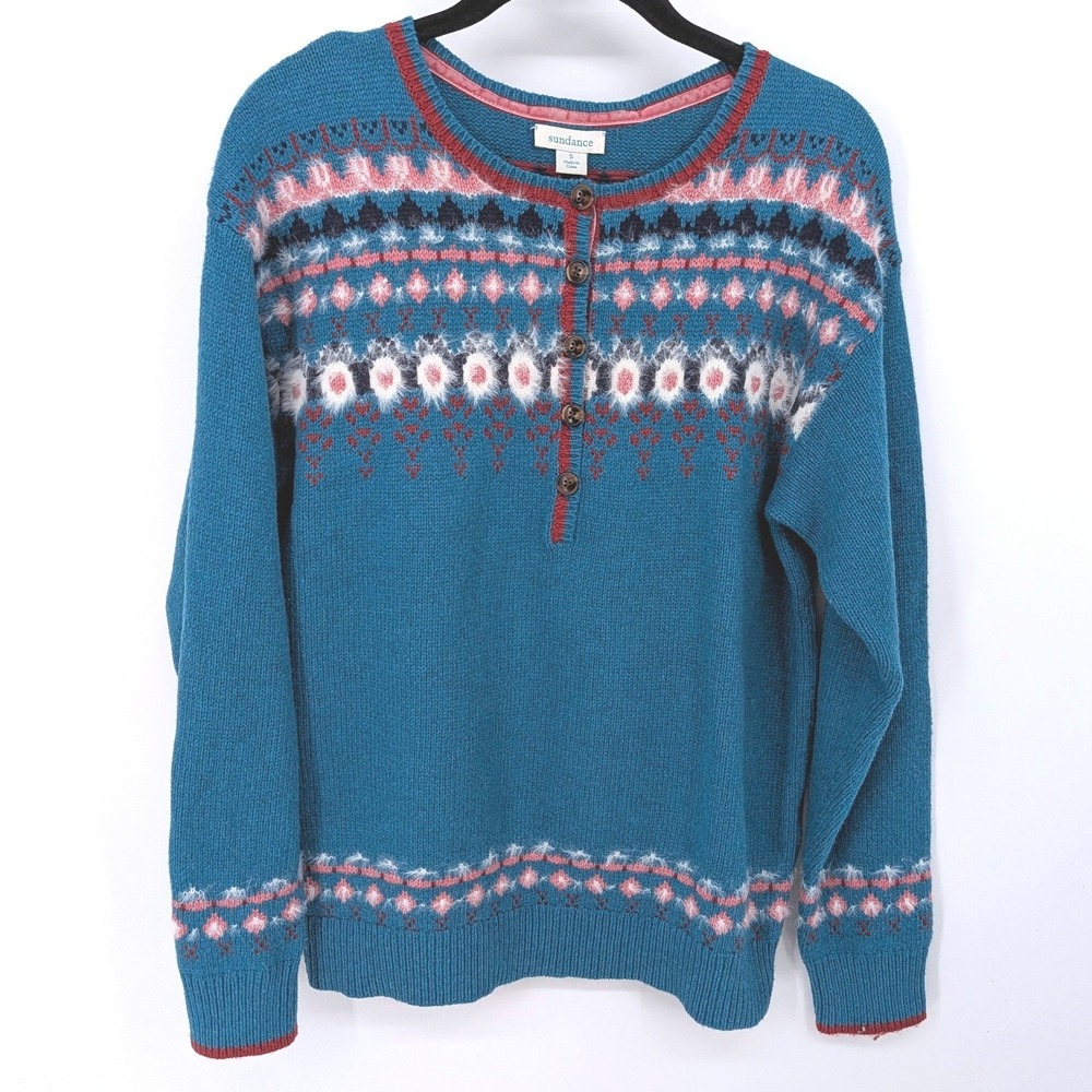 Sundance Wool Blend Sweater Womens Small Blue Fair Isle Henley Pullover Boho